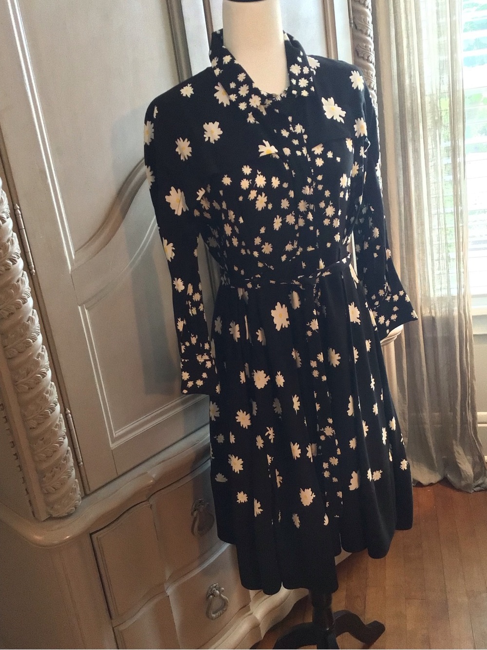 Maje Black Dress with White/Yellow Daisy Print and Full Pleated Skirt